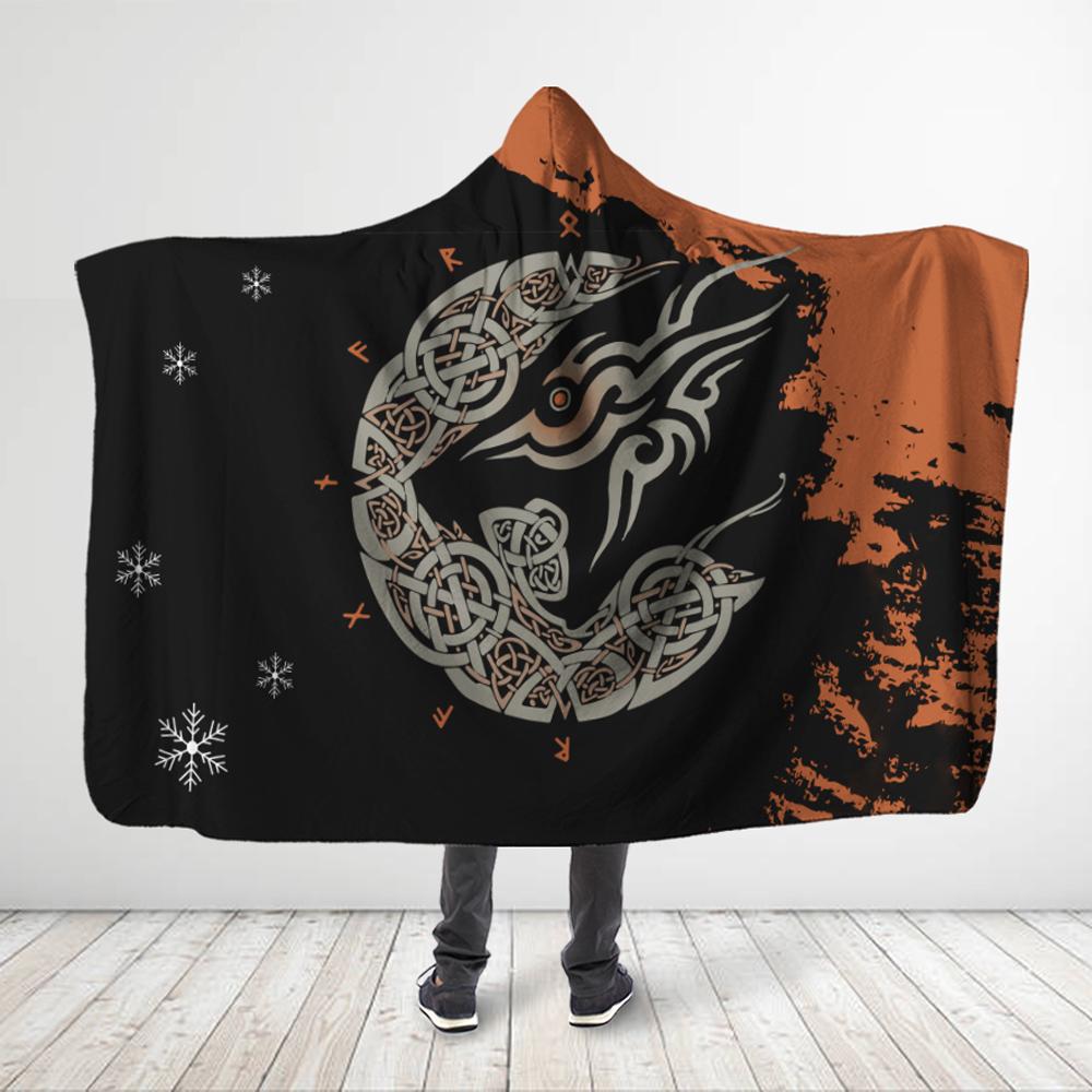 Viticstore™ Viking Raven Bird  – 3XL black and dark orange 3D all-over print hooded Blanket