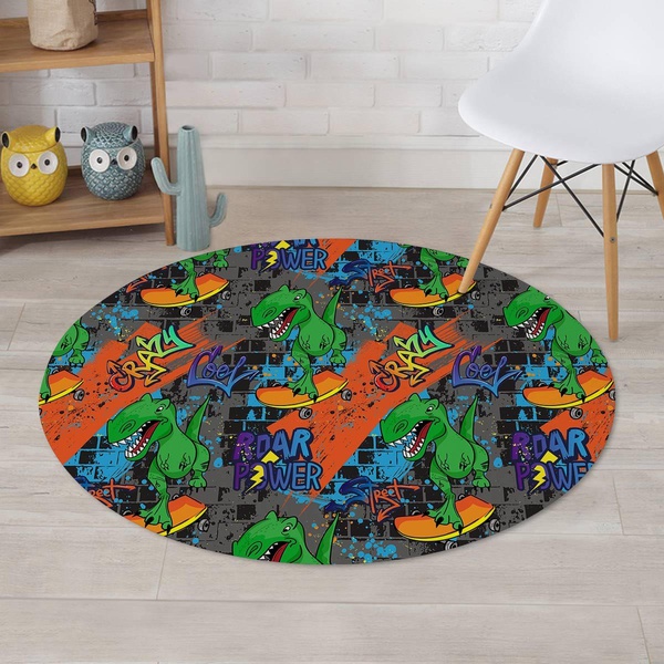 Dinosaur T-Rex Graffiti Print Round Rug