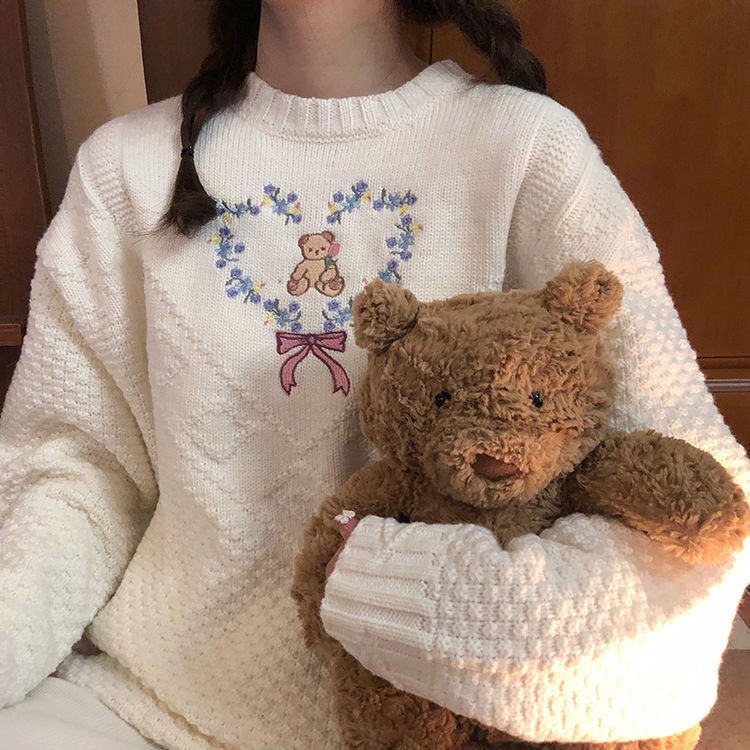 2022 Women’s Clothing Oversized Pullovers Sweet Casual Pull Femme Embroidery Bear Korean Knitted Sweater Coat Sueter De Mujer alx