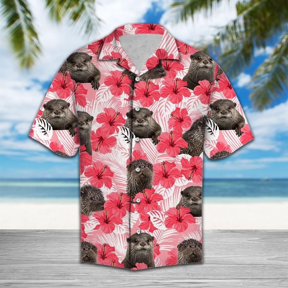 Tropical Flowers Hibiscus Otter Aloha Hawaiian Shirt Colorful Short Sleeve Summer Beach Casual Shirt For Men And Women