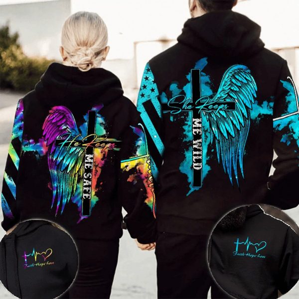 He Keeps Me Safe She Keeps Me Wild Couple Hoodies Td