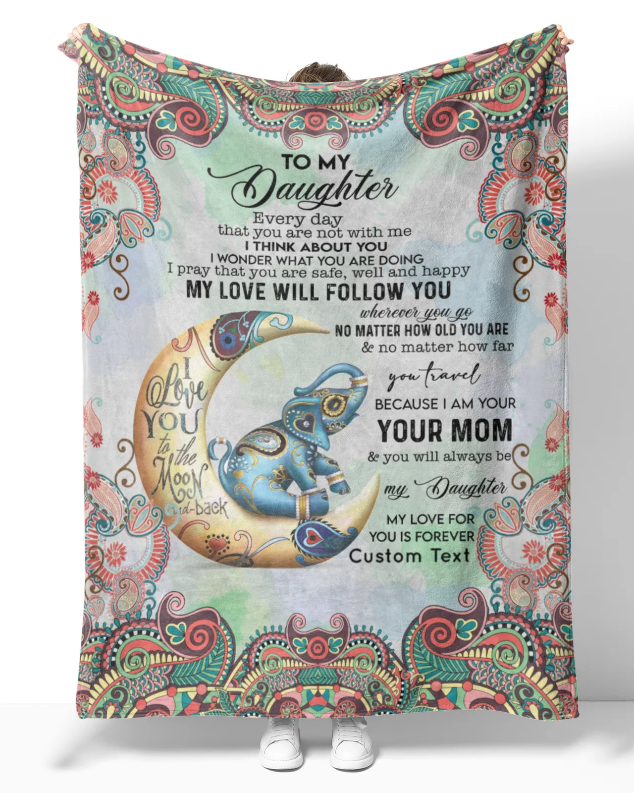 Personalized Fleece Blanket To My Daughter Boho Moon & Elephant Premium Blankets Custom Name