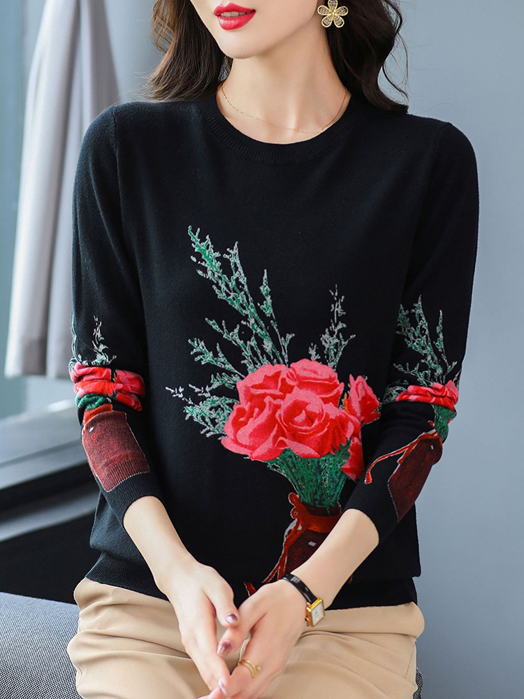 YISU Pullover Sweater Women Soft Loose O-Neck Knitted Sweaters Jumpers Female Rose printing leisure sweater women’s clothing alx