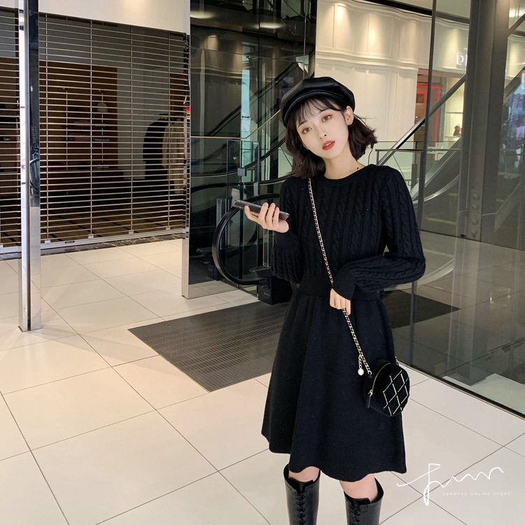 Women Sweater Long Sleeve Dresses Autumn Winter Knitted Patchwork Slim O Neck Elegant Solid Color Cozy Pullover Dresses WDR34 alx