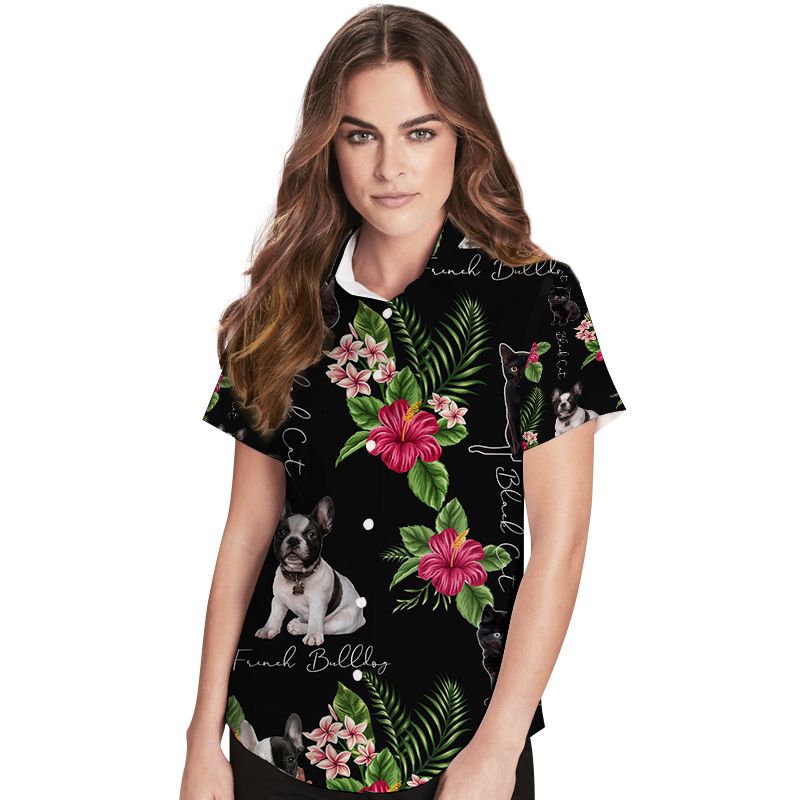 French Bulldog And Black Cat Hibiscus Women Hawaiian Shirt For Pets Lovers In Daily Life Ha108584