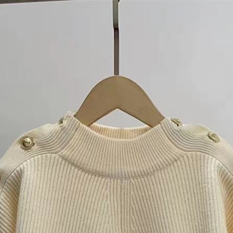 Women’s Half Turtleneck Sweater Shoulder Button Decor 2022 Winter Long Sleeve Female All-Match Ribbed Loose Knitted Pullover Top alx