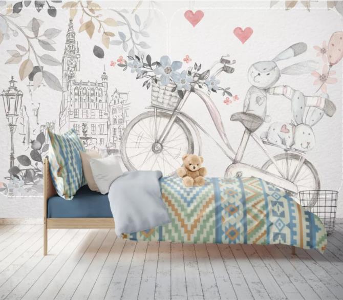 3D Cartoon Grey Rabbit Bike Wall Mural Wallpaper 66