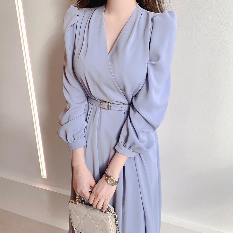 [EWQ] Korean Chic Ladies Dress Purple Clothing Criss Cross V Neck Bandage Belt Long Sleeve Office Lady Dresses 2022 Autumn New alx