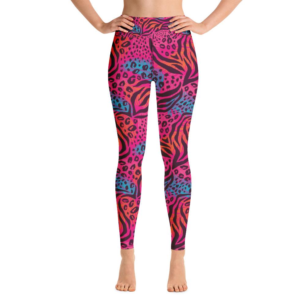 Colorful Animal Print Floral Feathers Yoga Leggings, Cheetah Print Leggings, Leopard Print Leggings, Pink Animal Print Yoga Leggings, Animal Print High Waist Leggings