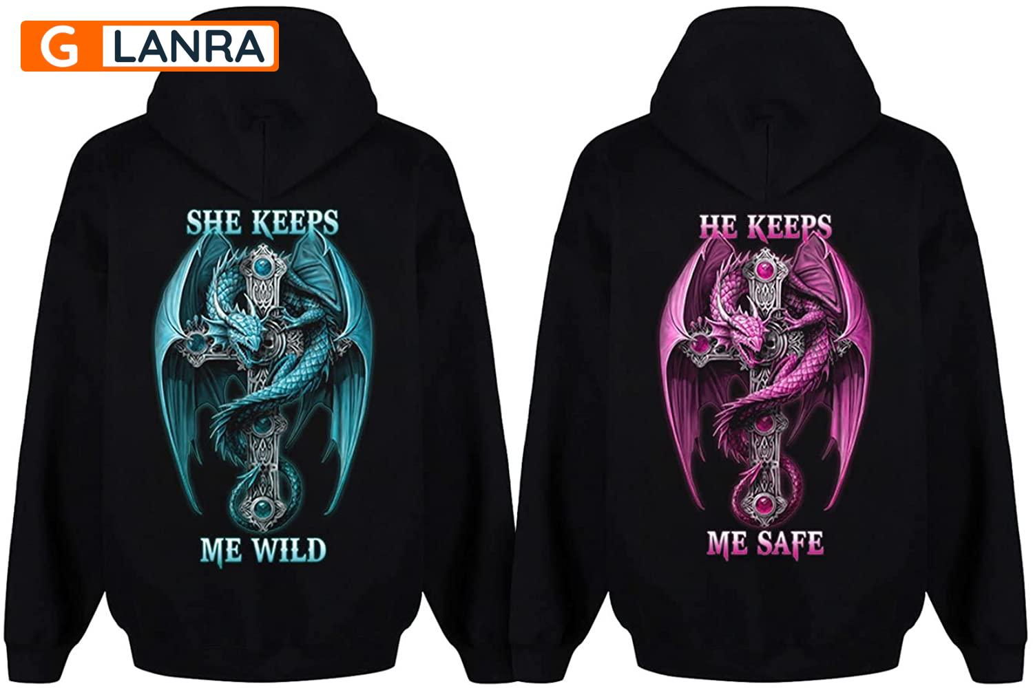 Personalized He Keeps Me Safe She Keeps Me Wild Hoodie, Custom Dargon Couple Hoodie, Couple Hoodie, Husband Wife Hoodie, Unisex Sweater, Sweatshirt