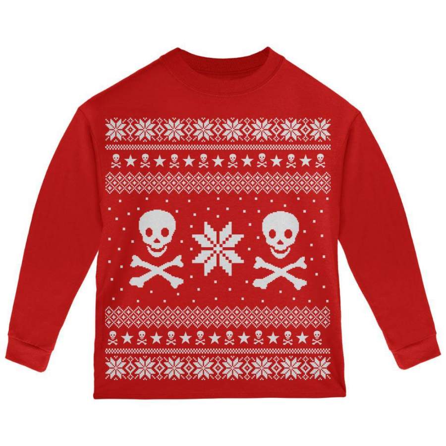 Skull & Crossbones Ugly Christmas Sweater Red Toddler Long Sleeve T-Shirt