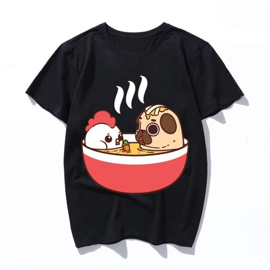 Puglie Chicken Noodle Pug Kawaii Ulzzang Harajuku Aesthetic T-Shirt Cartoon Print Men’S Short Sleeve Tops Tees