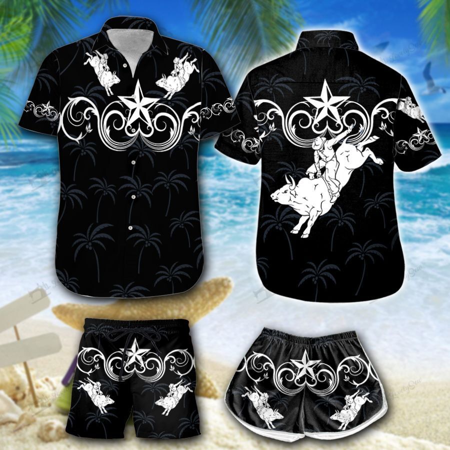 Bull Riding Black Star Western Hawaiian Shirt Shorts Ha54236