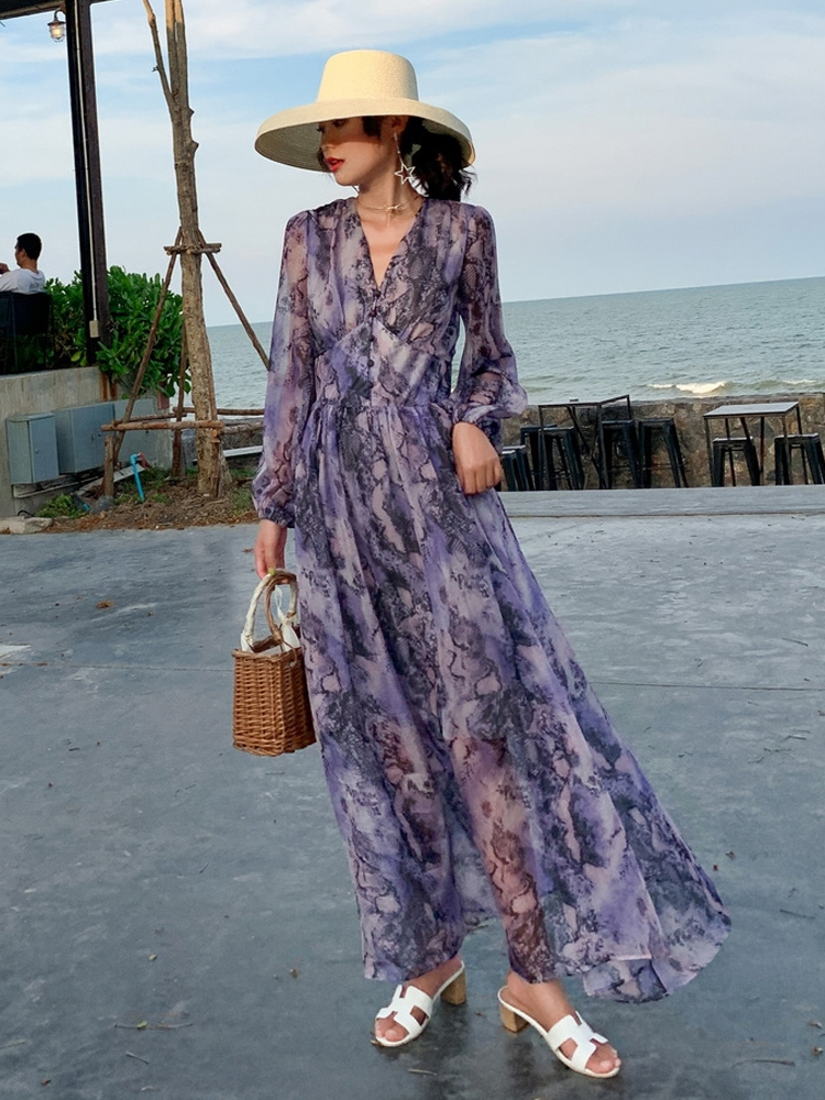 2022New Purple Print Beach Woman Dress Sexy V Neck Loose Fashion Summer Long Party Dress Chiffon Elegant Female Dress alx