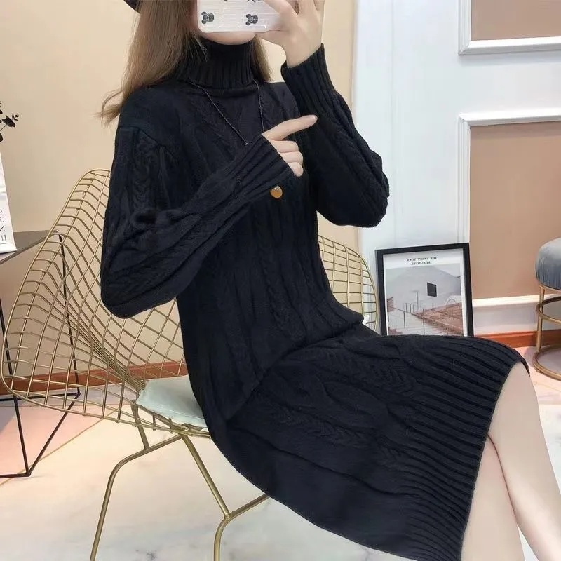 2022 Turtleneck Women Sweater Dress Winter Knitted Pullover Warm Female Jumper Thick Apricot Blue Sweaters Long Sleeves Tops alx