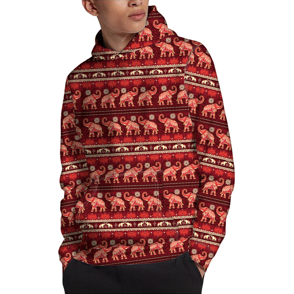 Red Indian Elephant Pattern Print Pullover Hoodie