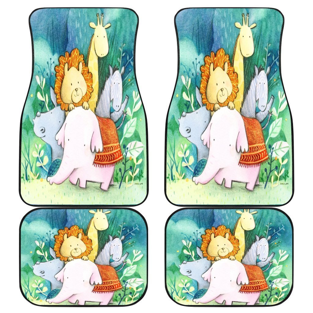 Lion Elephant Horse Rhino Animal Cartoon In Jungle Car Floor Mats