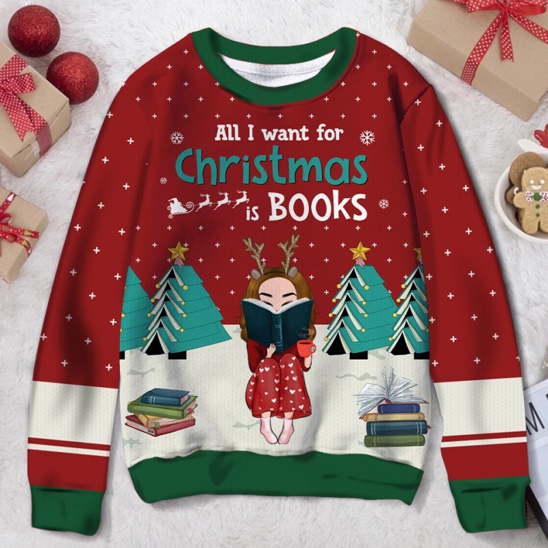 All I Want For Christmas Is Books, Personalized Book Lover Ugly Christmas Sweater, Gift For Book Lovers