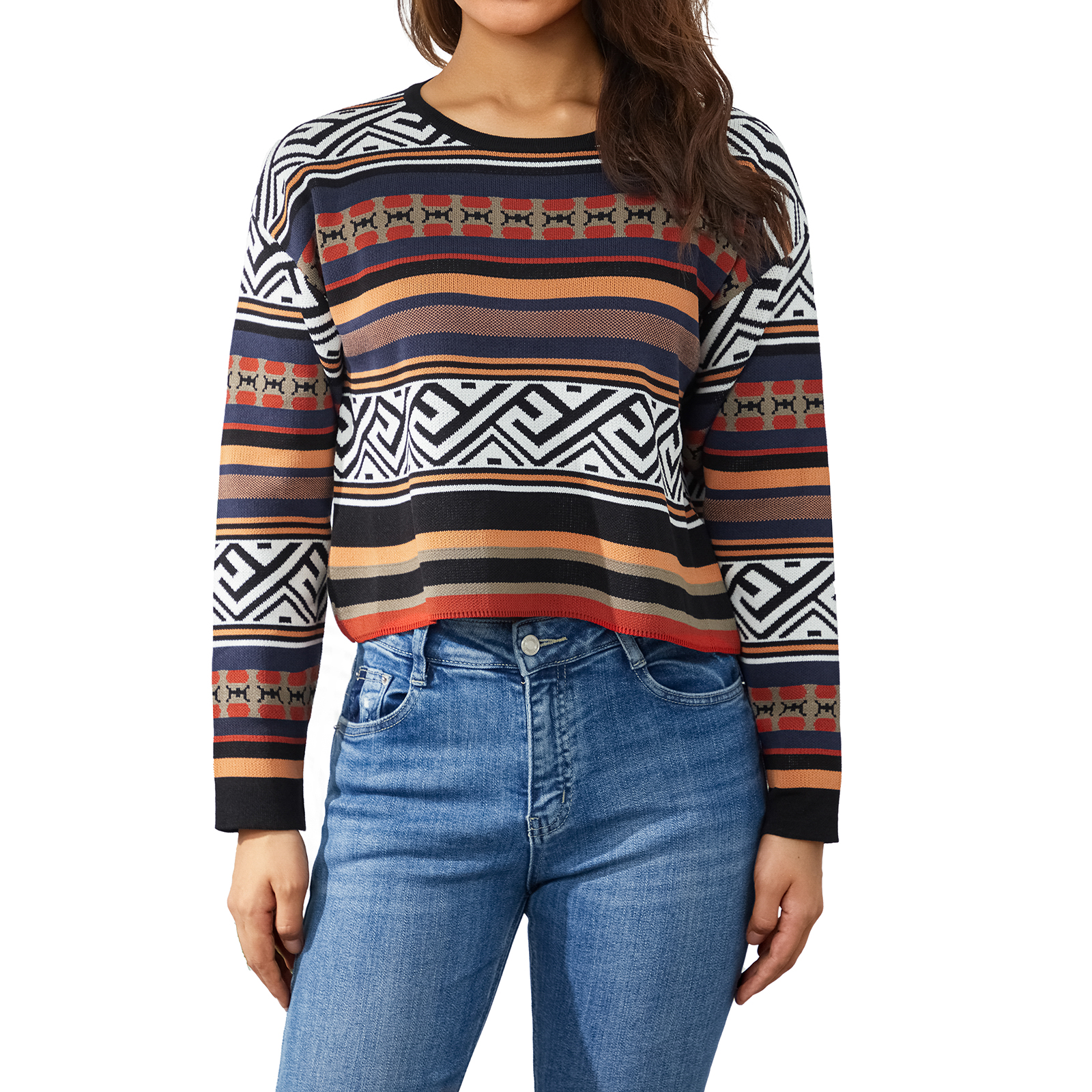 Women s Striped Crop Sweater Long Sleeve Pullover Jumper alx