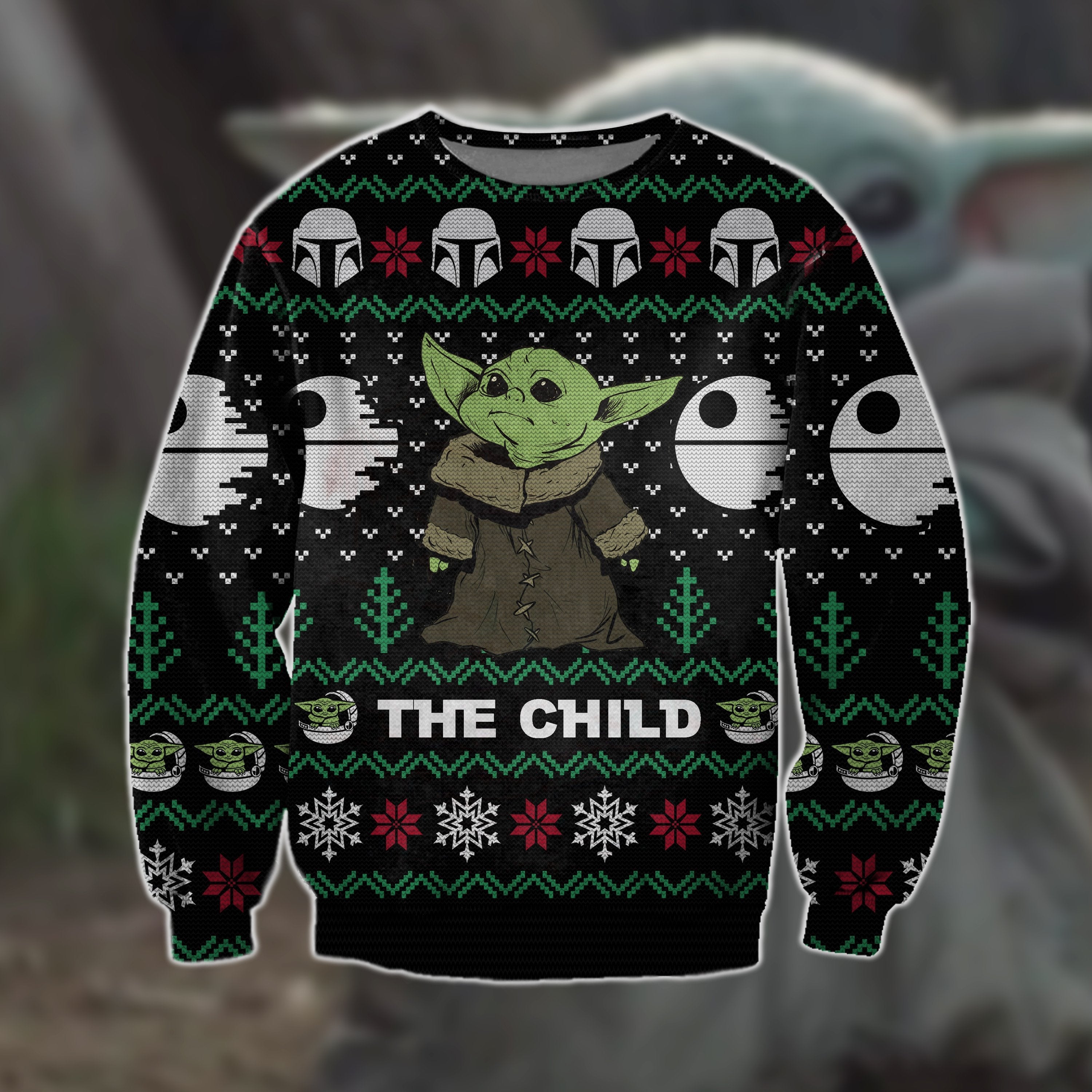 Unifinz Sw Christmas Ugly Sweater The Child Mando Helmet Death Star Pattern Christmas Black Sweater 2022