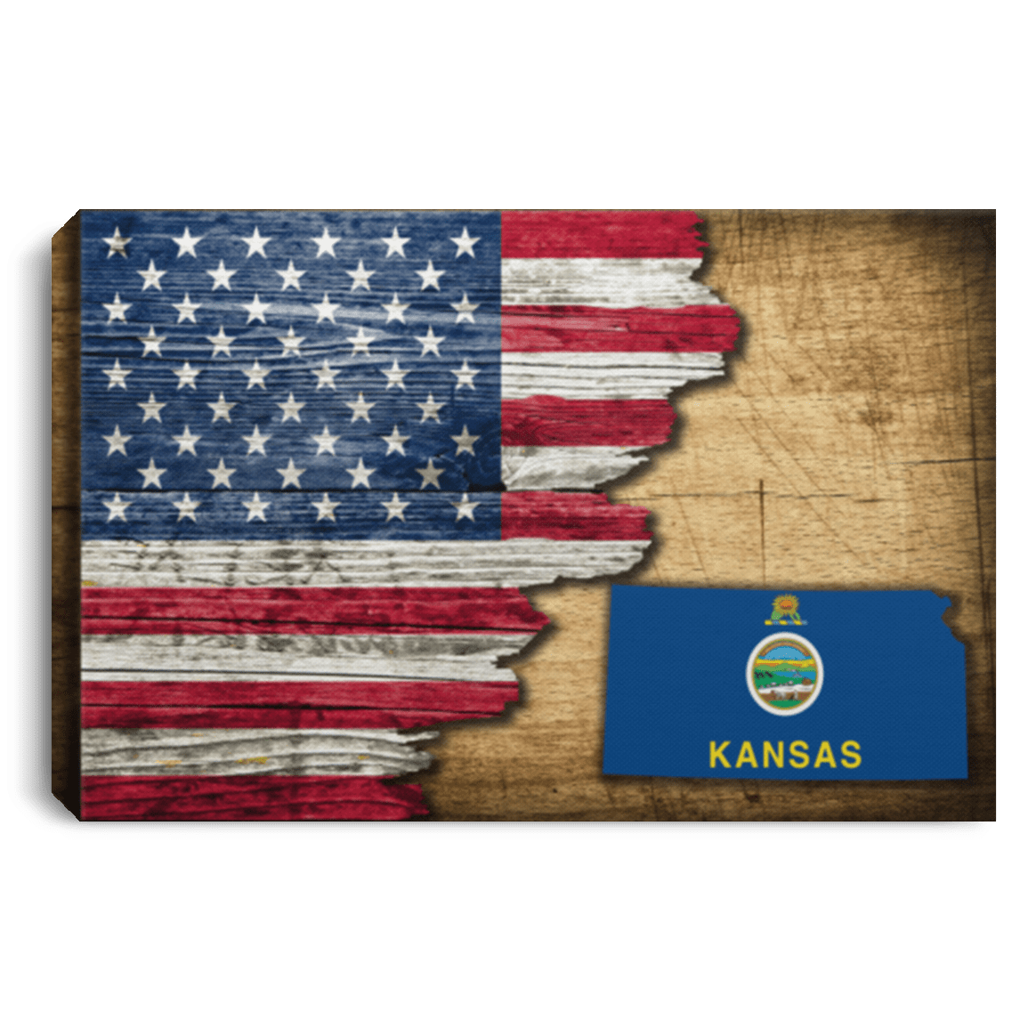 United States/Kansas Flag Ripped Effect 12X8 Inches Landscape Canvas .75In Frame