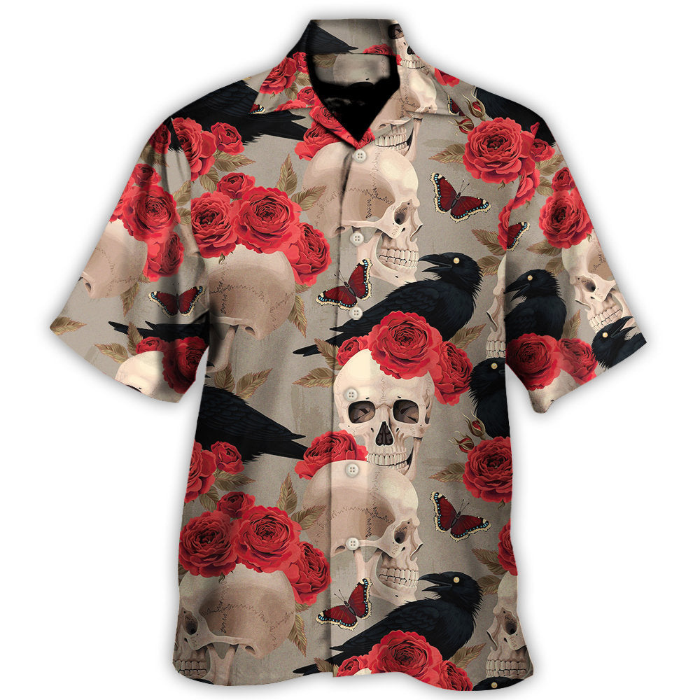 Skull With Rose Flower And Raven Gothic Style Hawaii Shirt Ha107668