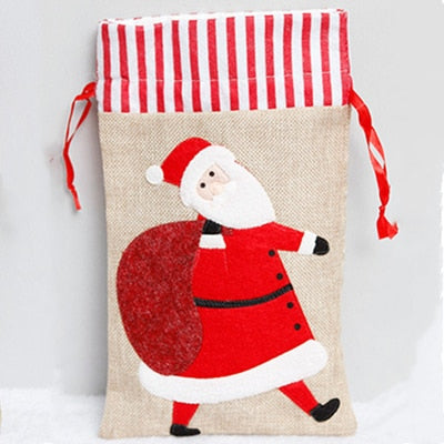 Large Canvas Bag Christmas Decoration Linen Stocking Reindeer Embroidery Children’S Gift Bag Candy Storage Bag Home Decor Xmas