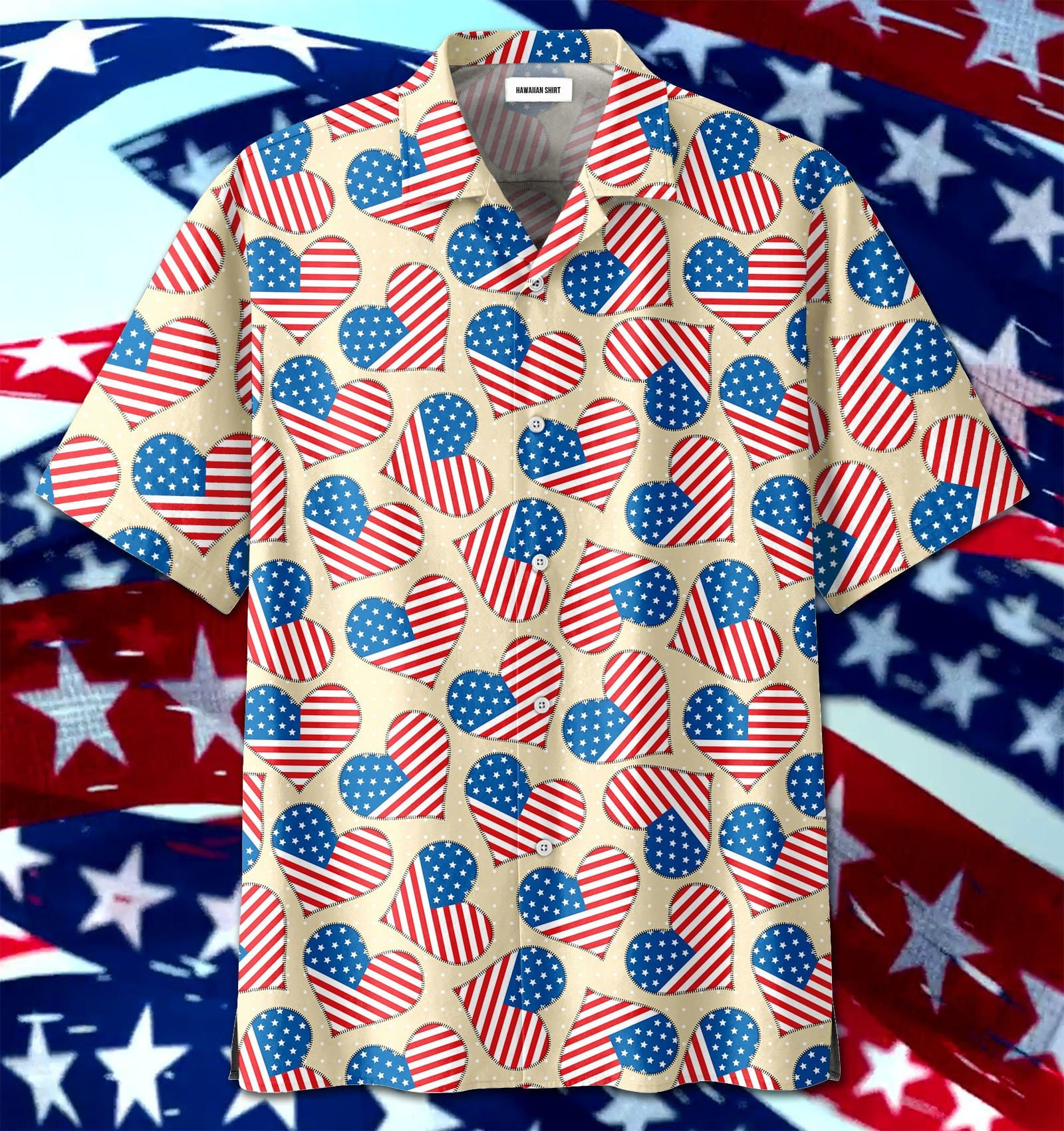 Of July Patriotism Us Flag Heart Pattern Unisex Hawaii Shirts Ha22662