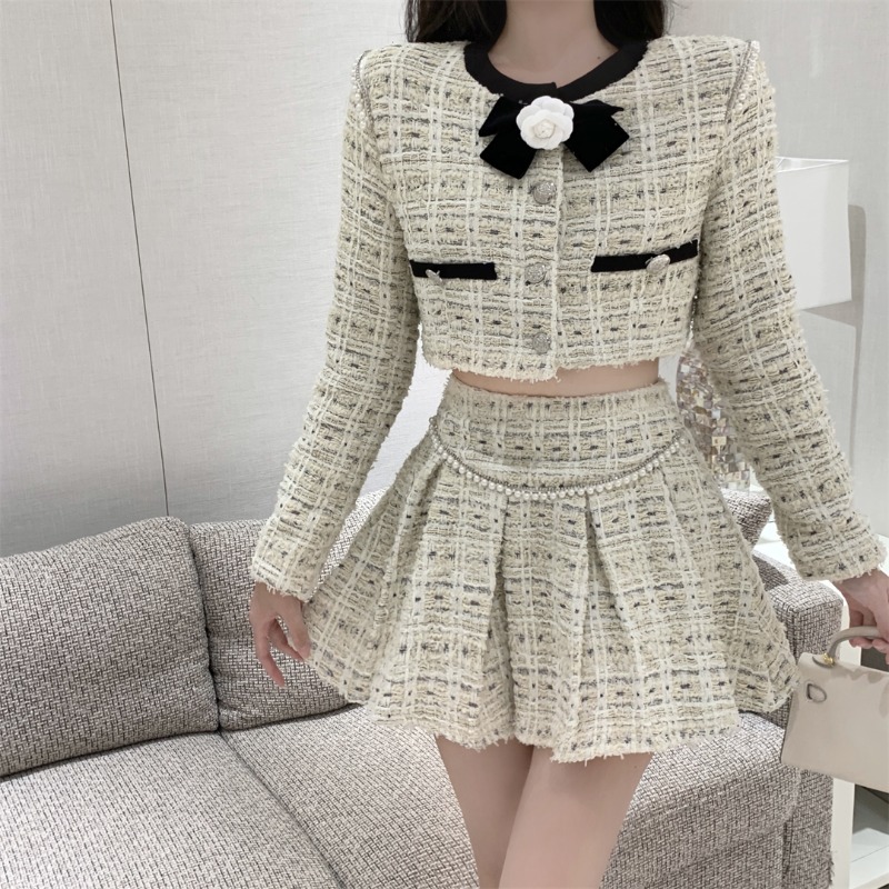 Autumn Winter Elegant Tweed Plaid Skirt Sets Women Sweet O-Neck Flower Bow Jackets Short Tops Mini Pleated Skirts Korean Outfits alx