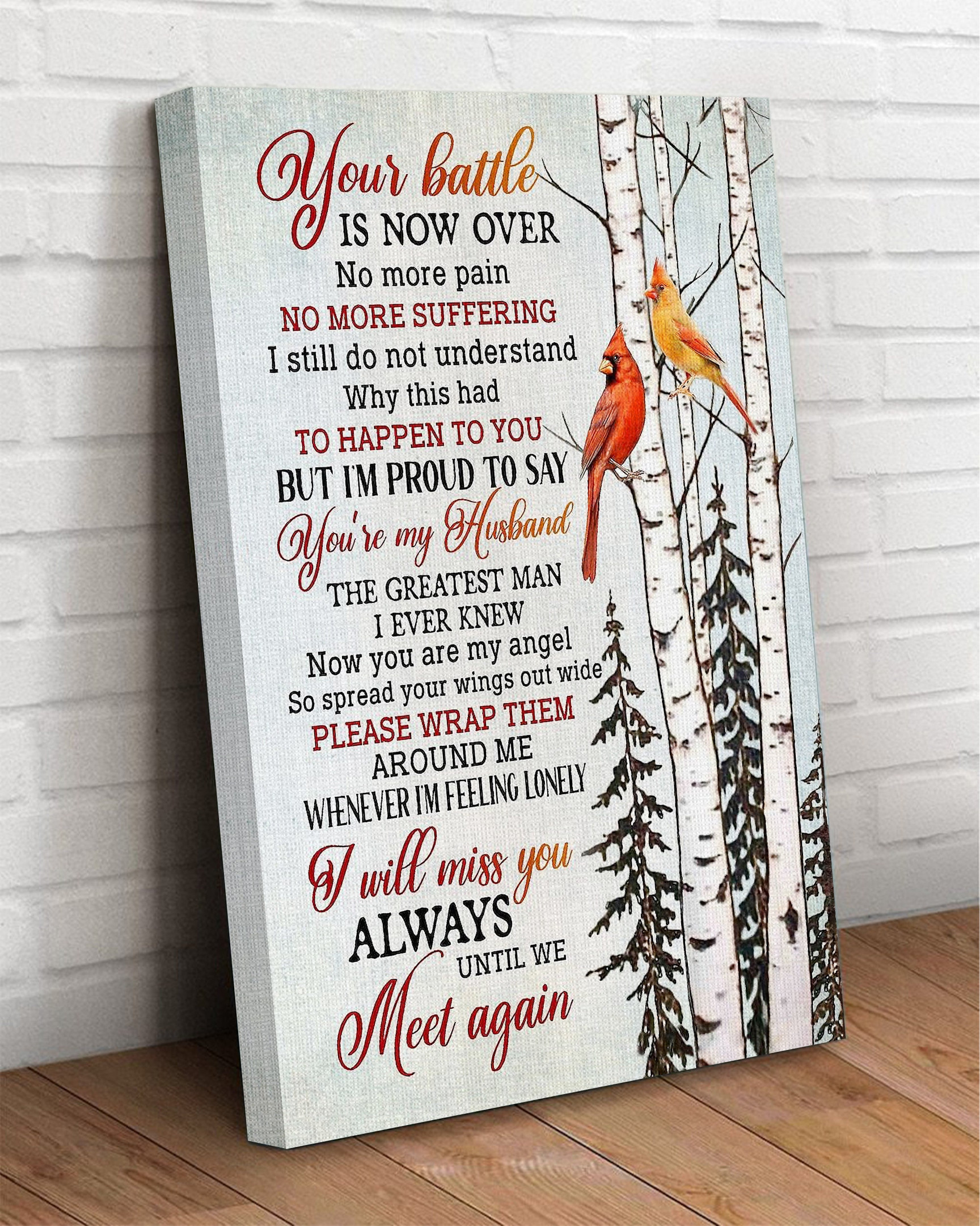 & Canvas – Memorial Gift- Cardinal Birds Your Battle Is Now Over, Memorial Gift Art, Love In Heaven Canvas, Home Decor, Wall Art