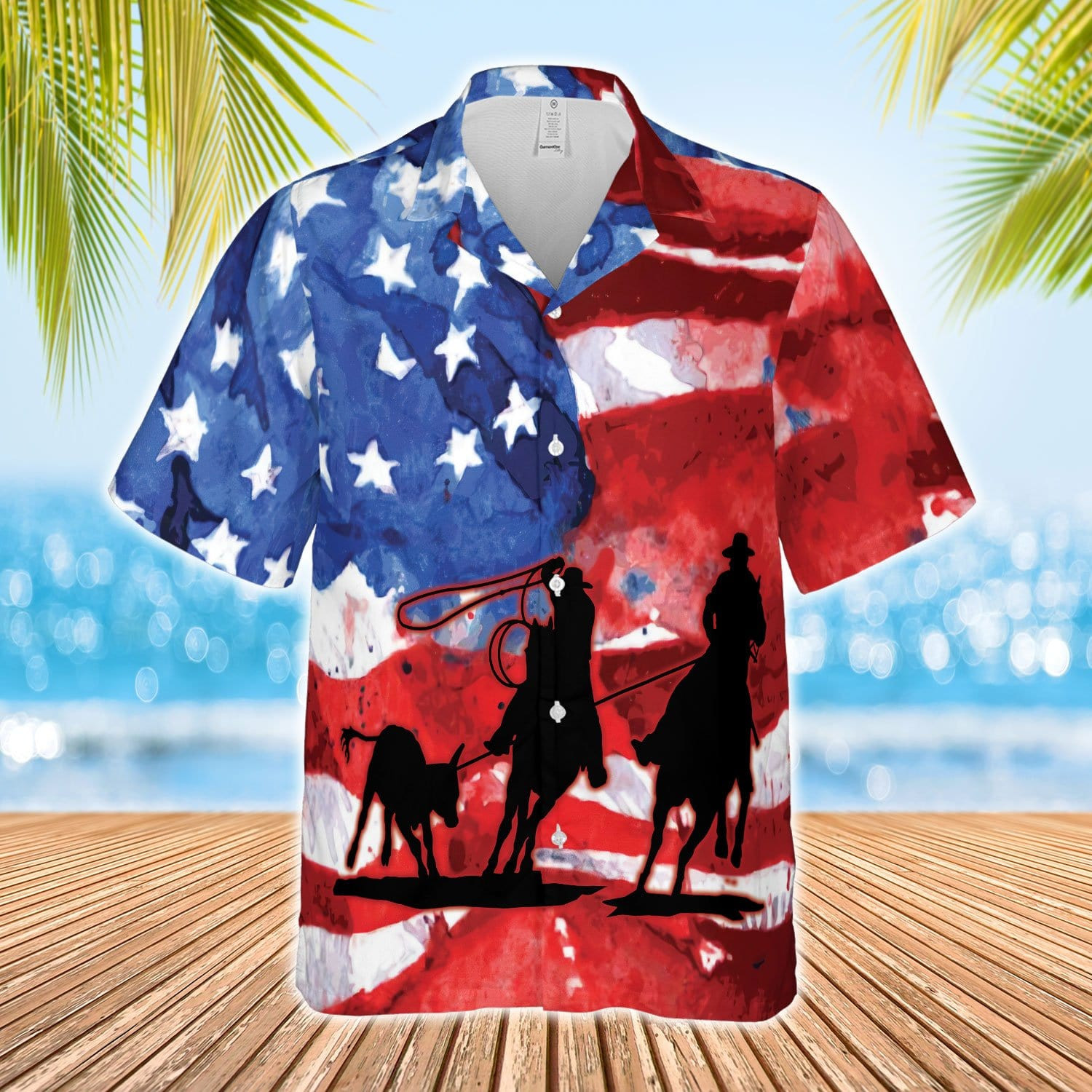 Us Team Roping Water Color Flag Unisex Hawaii Shirts Beach Shorts Ha12384