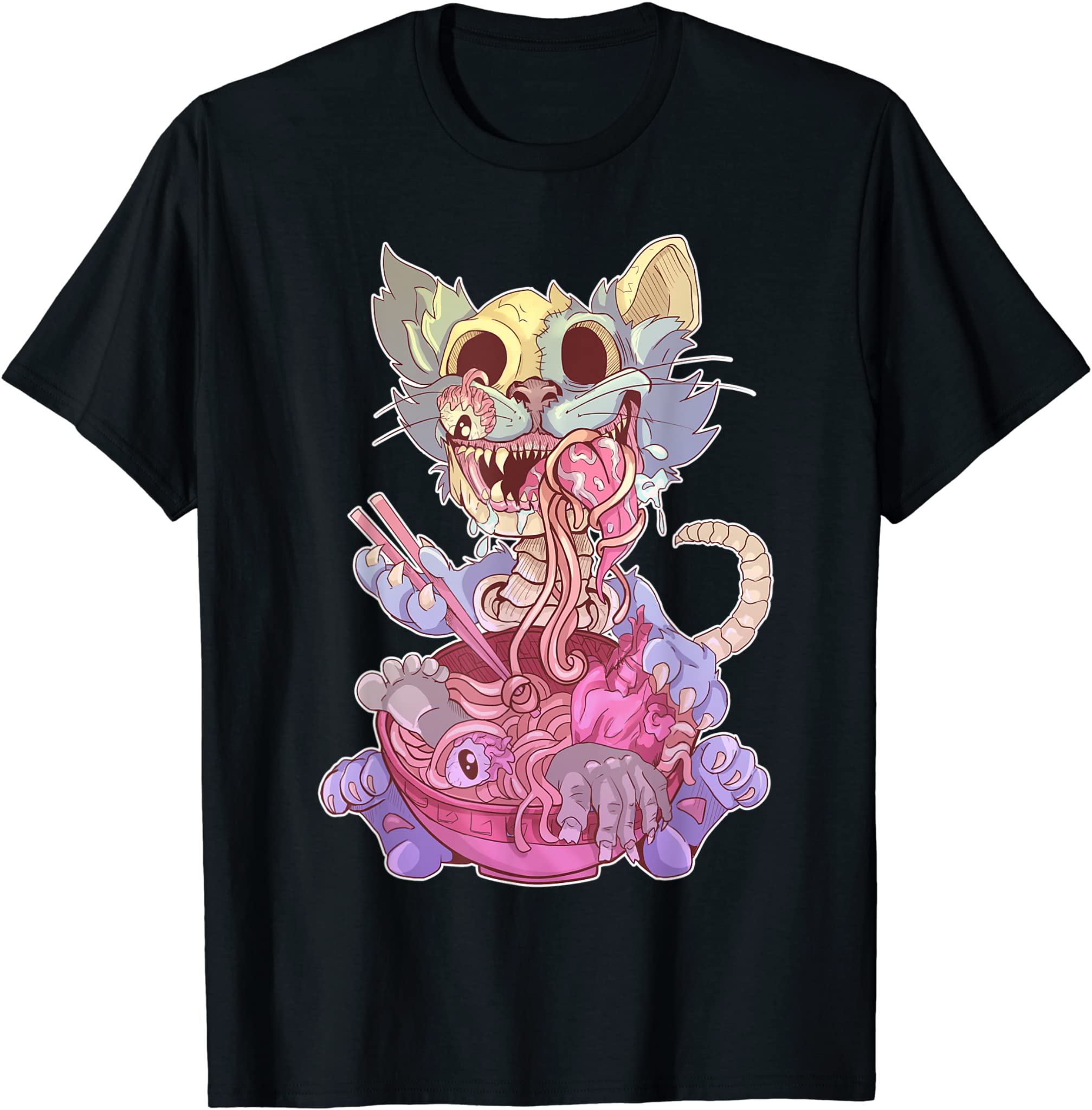 Pastel Goth Aesthetic Kawaii Creepy Cat Eating Ramen Noodles T-Shirt