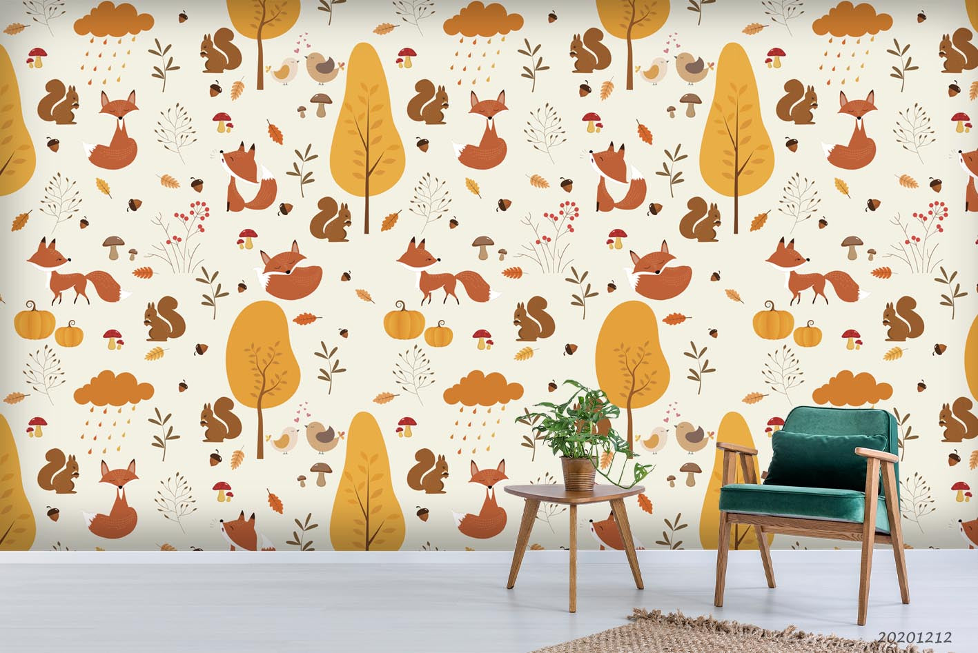 3D Hand Drawn Fox Animal Autumn Leaves Plant Pattern Wall Mural Wallpaper Lxl