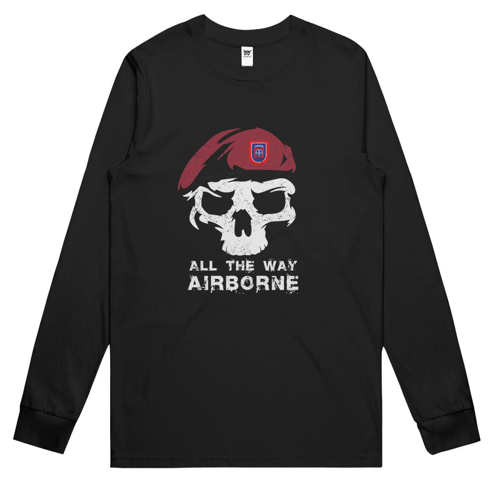 Vintage Army 82Nd Airborne All The Way Skull Maroon Beret Long Sleeve T Shirts