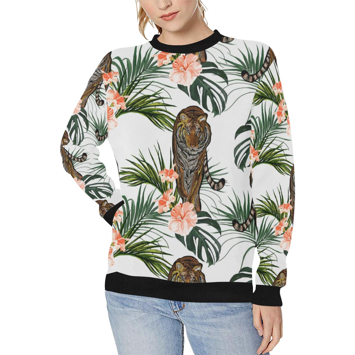 Bengal Tiger Hibicus Pattern Women’s Crew Neck Sweatshirt