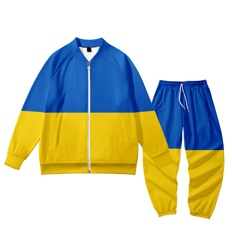 Blue And Yellow Graphic Zip Hoodie & Pant Outfit Set Sweatshirt Suits