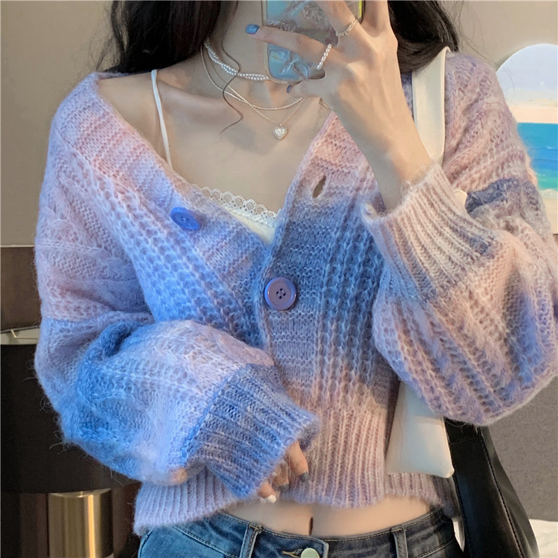 Sueters De Mujer Autumn Retro Wild Gradient V Neck Rainbow Knitted Sweater Tie Dye Twist Cardigan Crop Jacket Pull Fashion Sexy alx