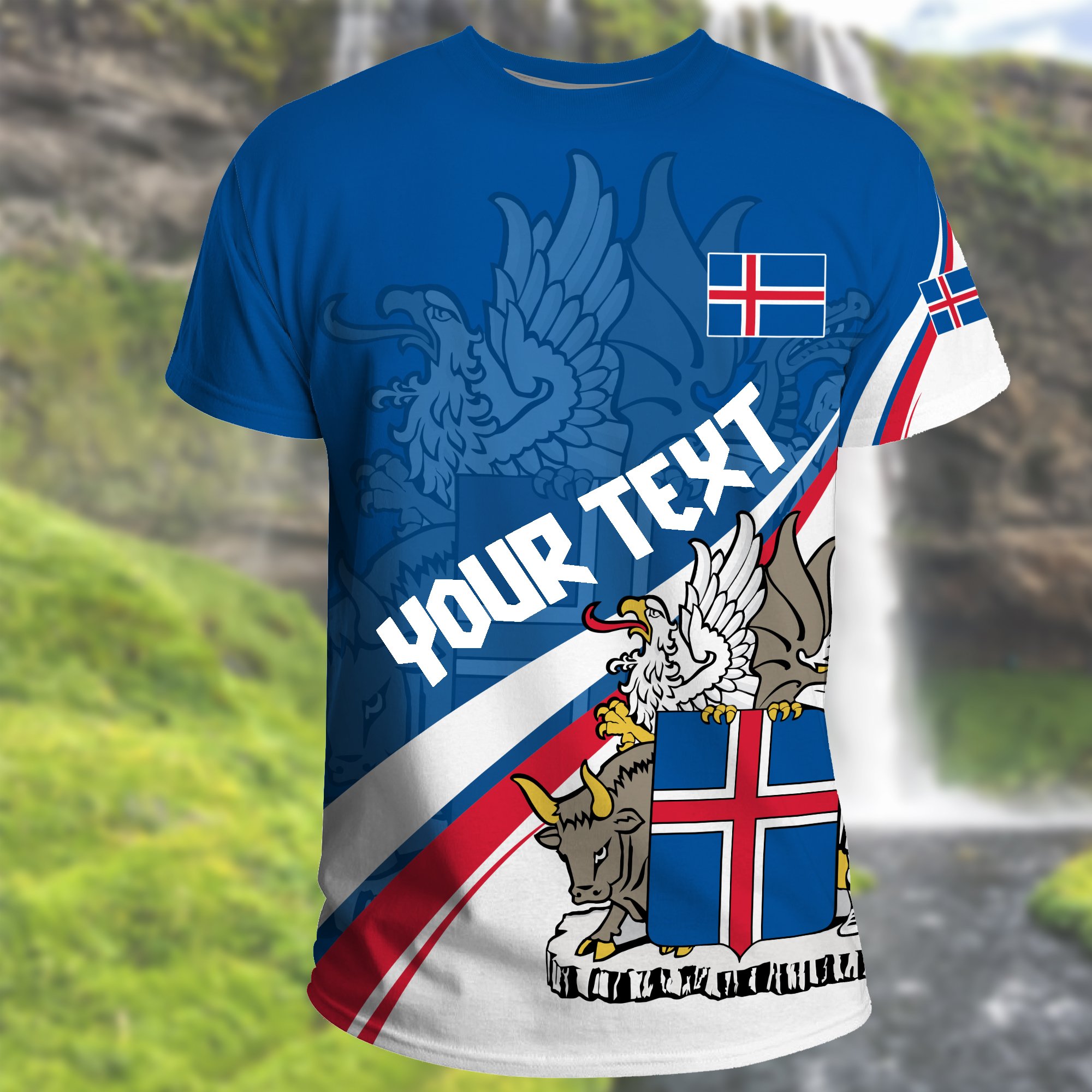 (Custom) Iceland T-shirt Flag Coat Of Arms Wavy Lines A10