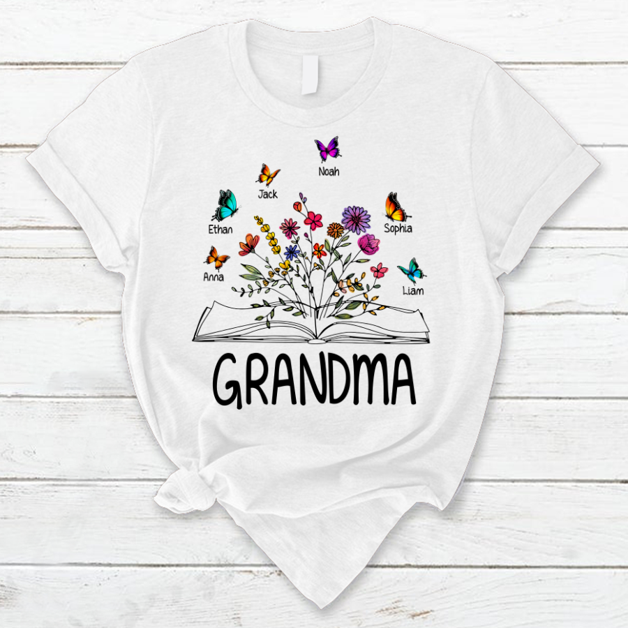 Customized T-Shirt Grandma Book, Grandkids Butterflies, To My Grandma, Mom Her Mother’S Day Gifts