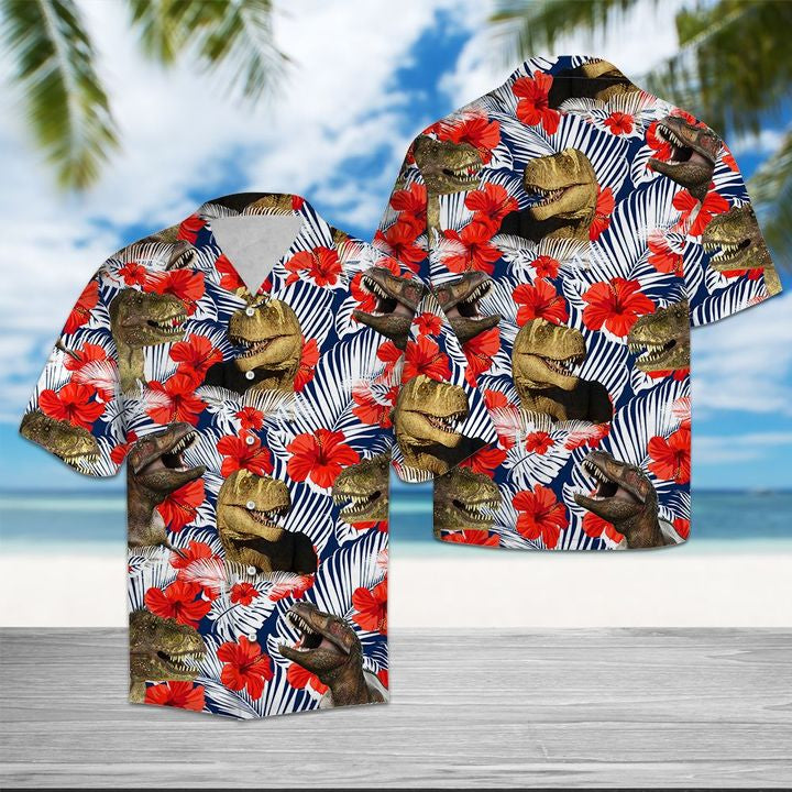 Trex Hibiscus Flower Hawaiian Shirt Summer Button Up For Men, Women, Couple