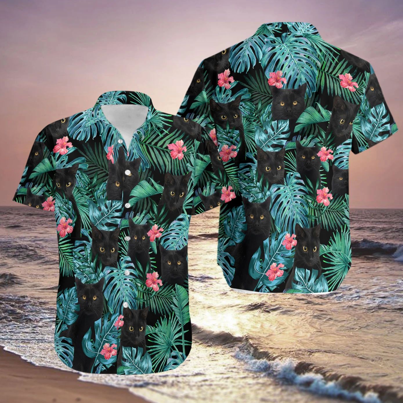 Black Cat Tropical All Over Printed Hawaii Shirt Size S Ha50264