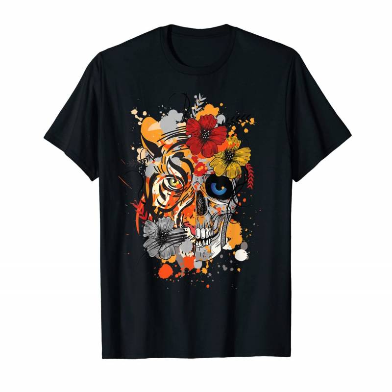 Creepy Scary Tiger Sugar Skull Flower Day Of The Dead  T-shirt