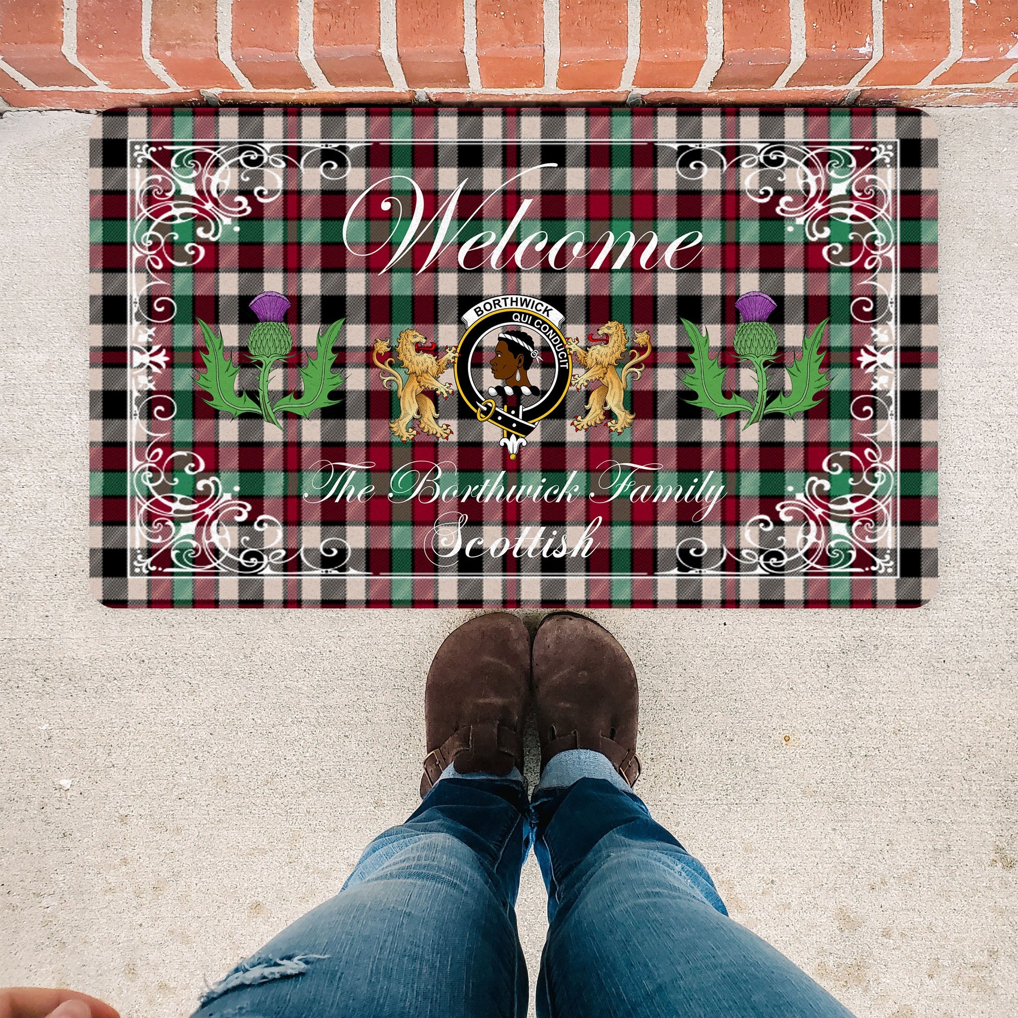 Scotstee Shop Tartan Door Mats Clan Borthwick Ancient Badge Tartan Thistle And Two Lion Scottish Plaid Doormat, Christmas Door Mat Gift