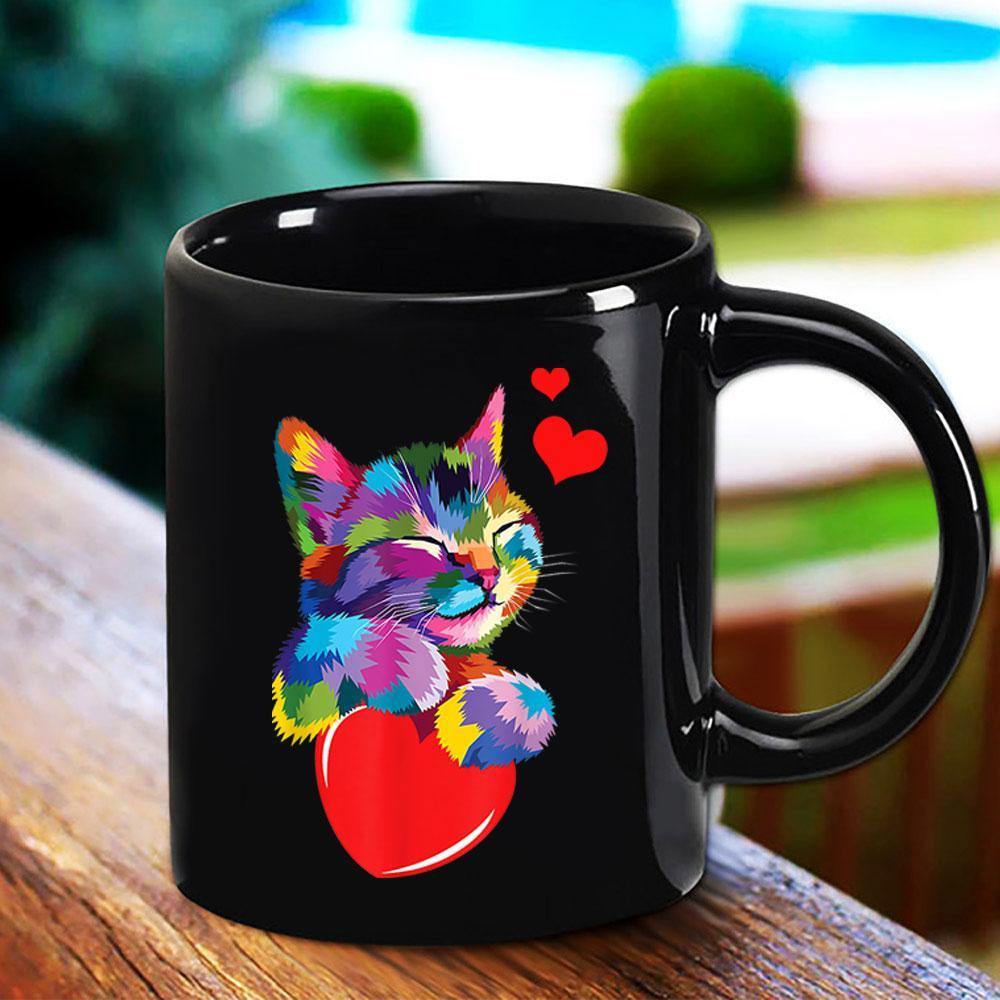 Colorful Cute Cat Valentine’S Day Kitten Lovers Great Valentine Gift For Cat Lover Black Mug