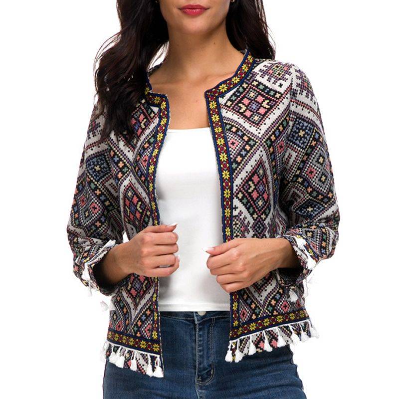 Geometric Tassel Long Sleeve Printed boho bohemian jackets