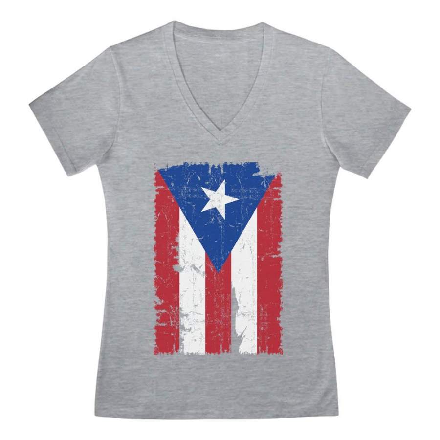 Vintage Distressed Puerto Rico Flag V-Neck Fitted Women T-Shirt