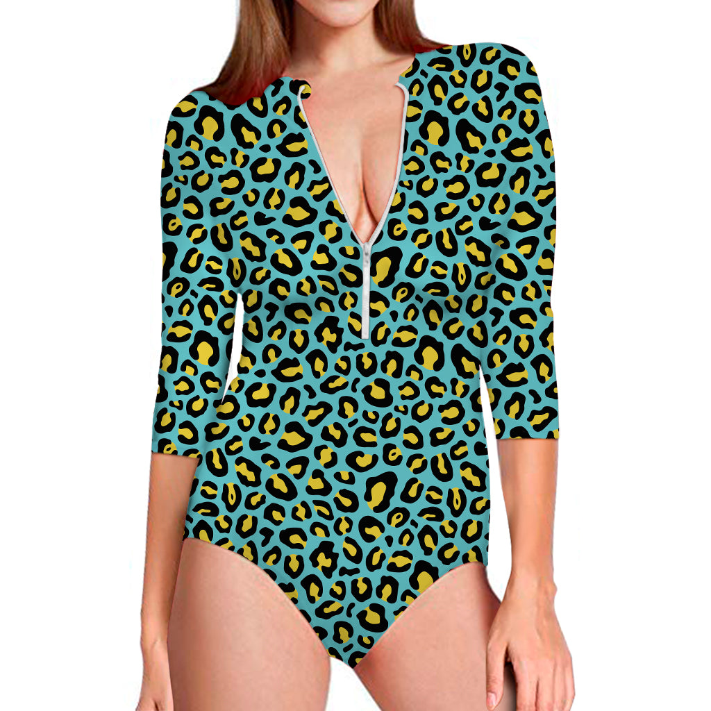 Teal And Yellow Leopard Pattern Print Long Sleeve One Piece Swimsuit