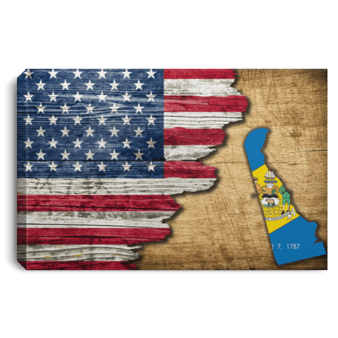 United States/Delaware Flag Ripped Effect 18X12 Inches Landscape Canvas .75In Frame