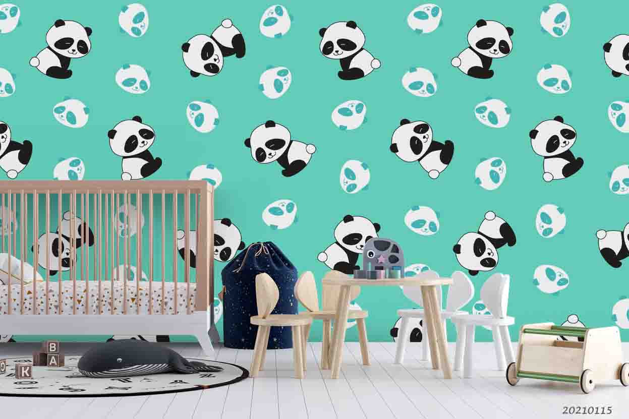 3D Cartoon Animal Panda Green Wall Mural Wallpaper Lqh 60