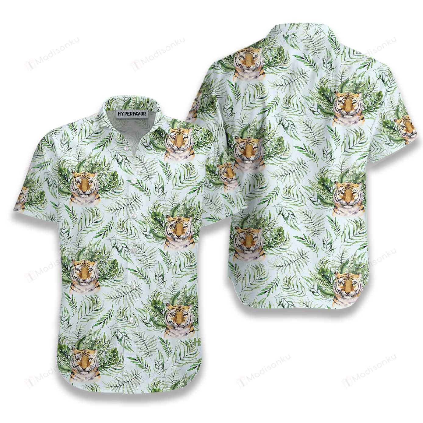 Tropical Green Leaves And Jungle Tiger Hawaiian Shirt